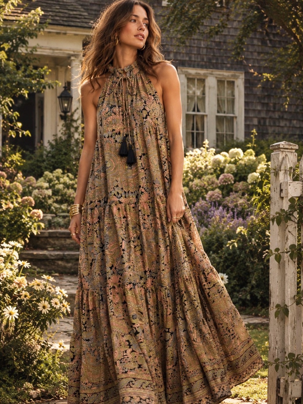 Boemo for Anthropologie Halter Maxi Dress in Floral Paisley